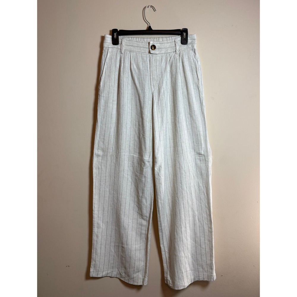Tulléa Womens Linen Blend Wide Leg Pinstripe Pants Cream Size M Boho Coastal
